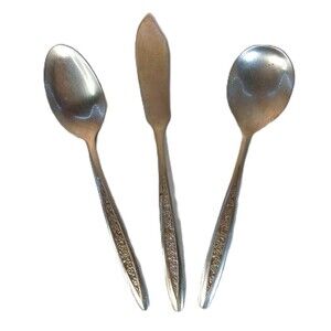 Set of 3 Customcraft Petal Lane Sugar Spoon Butter Knife Floral Stainless Taiwan